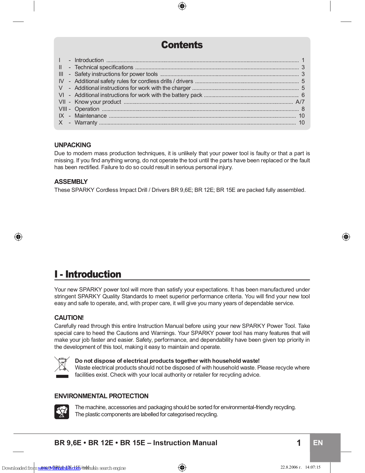 Sparky Group BR 9, 6E, BR 12E, BR 15E Instruction Manual