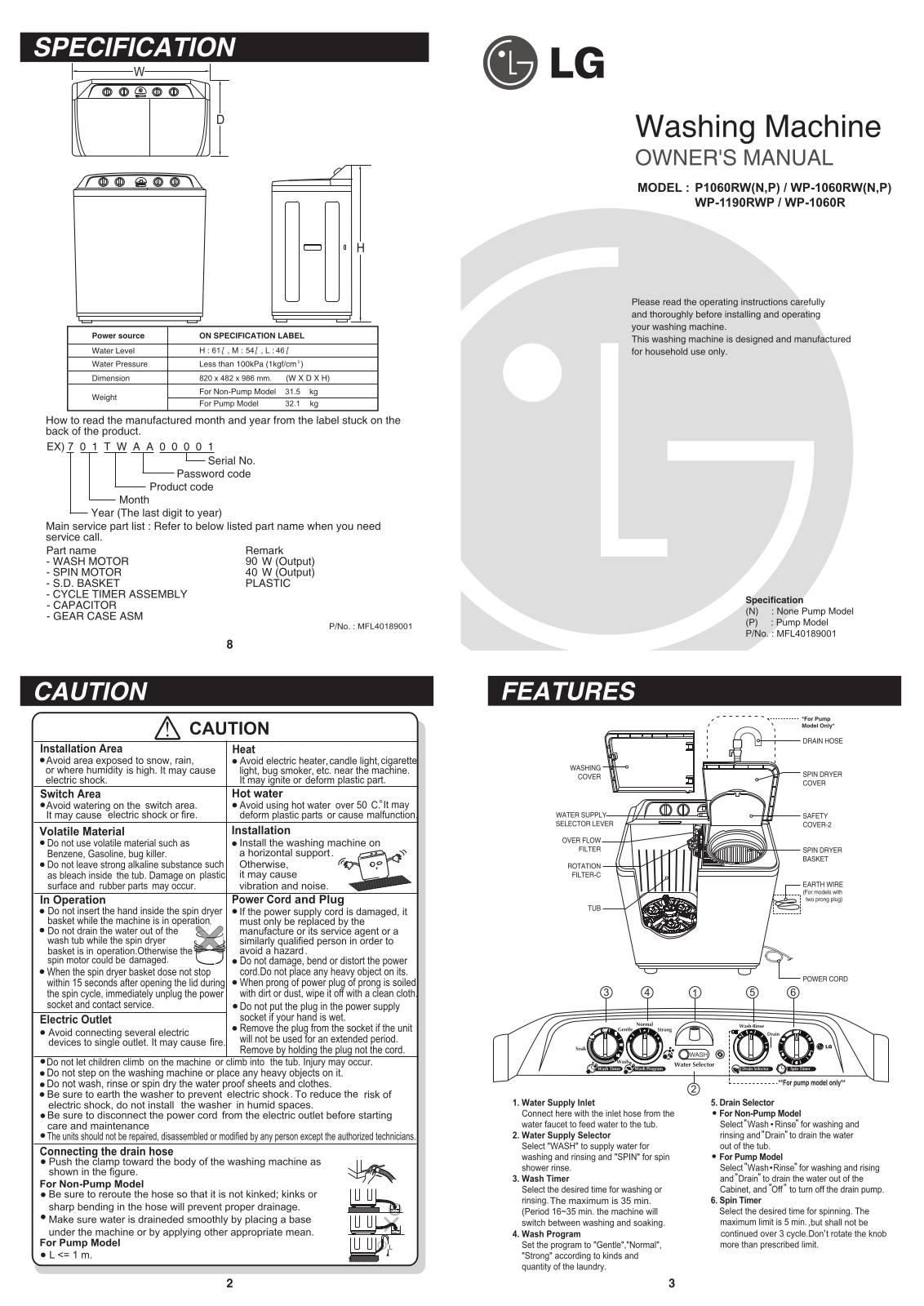 LG P1060RWN, P1060RWP, WP-1060RWP Owner’s Manual