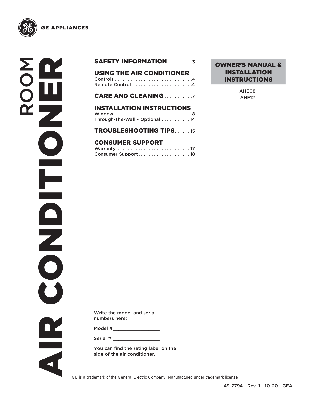 GE AHE08, AHE12 Owner’s Manual & Installation Instructions