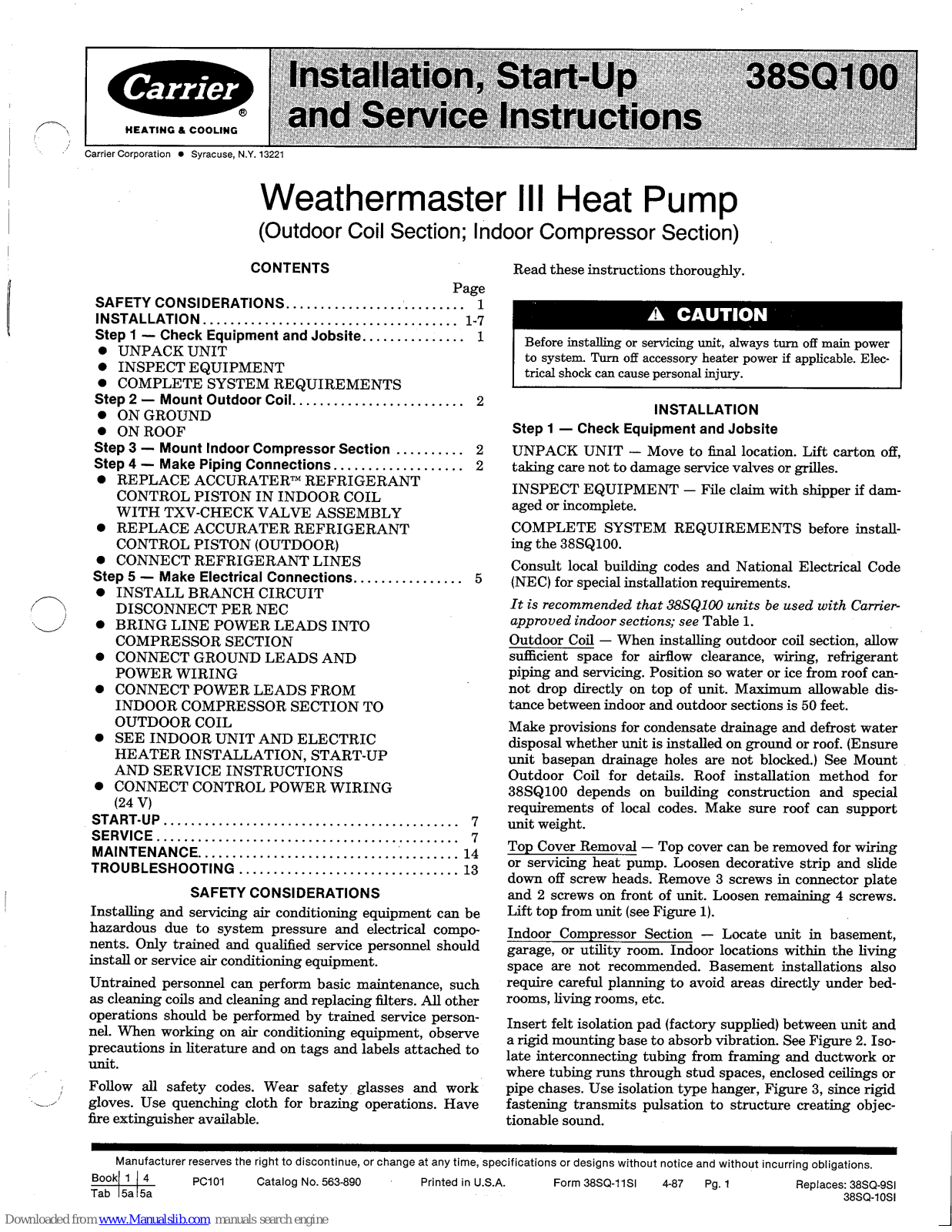 Carrier 38SQ100, 38SQ136, 38SQ124, 38SQ130, 38SQ142 Installation, Start-up And Service Instructions Manual