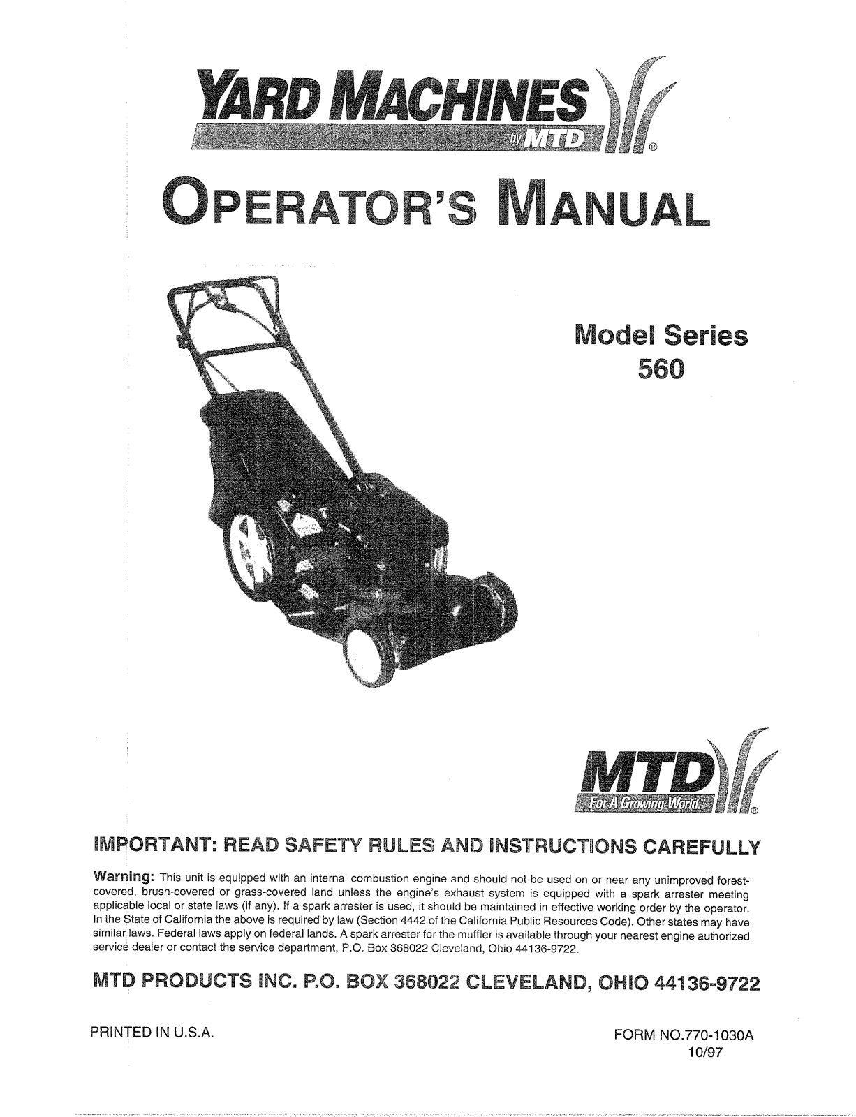 Yard Machines 560 User Manual