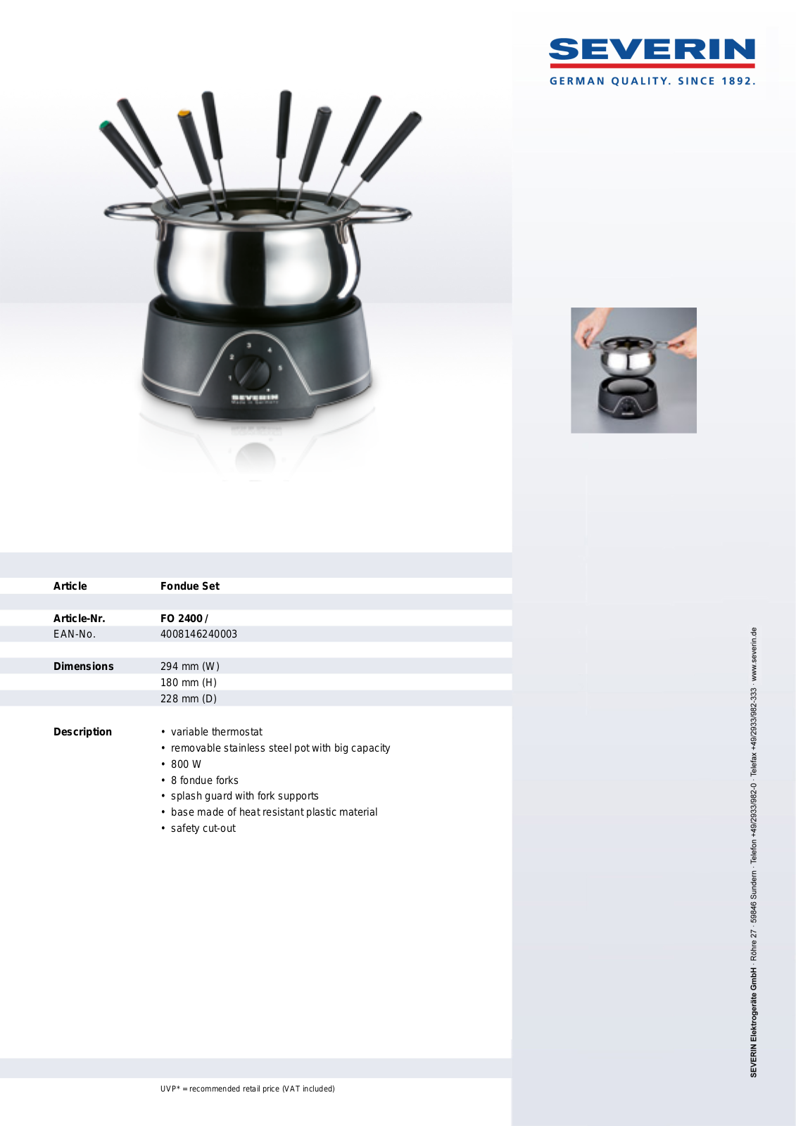 Severin FONDUE SET, FO 2400 User Manual