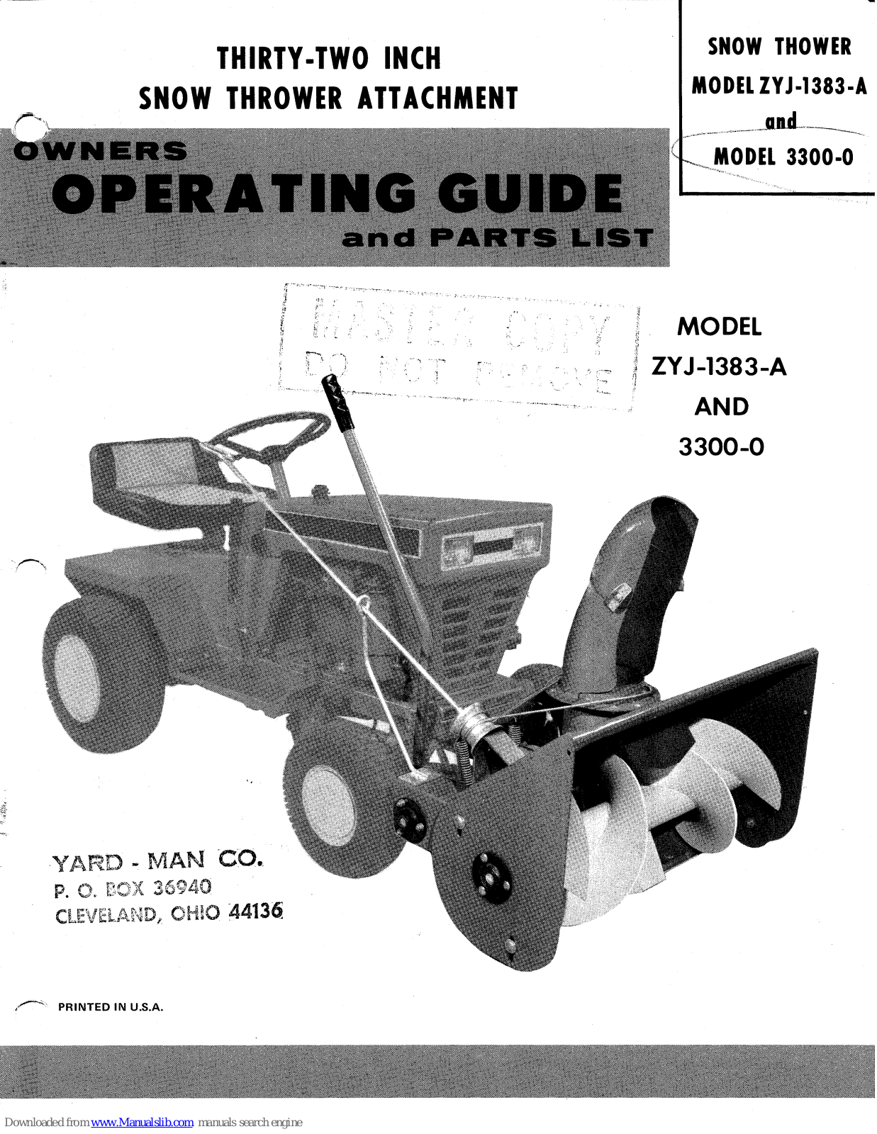 Yard-Man ZYJ-1383-A, 3300-0 Owners Operating Manual And Parts List