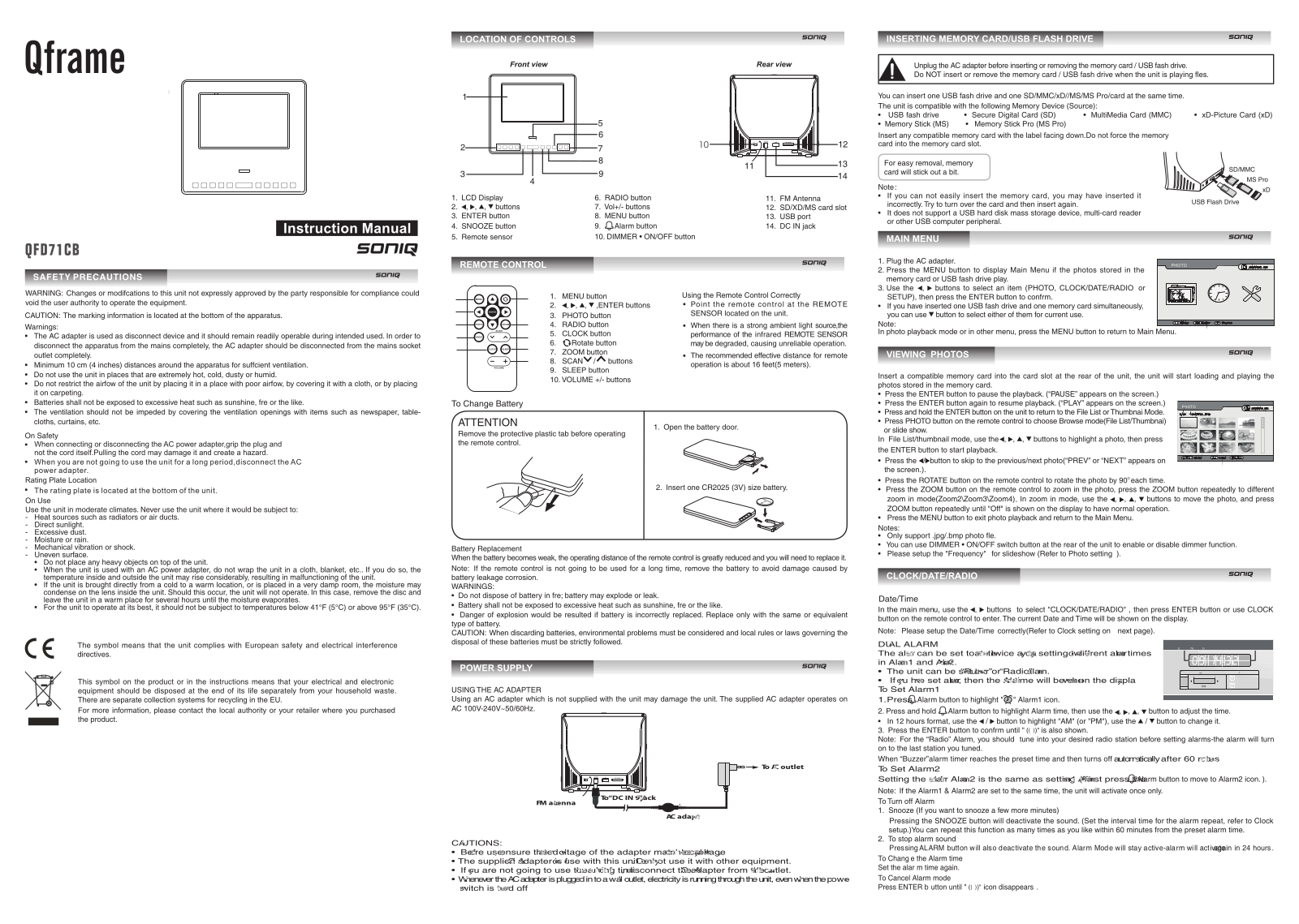 SONIQ QFD71CB Instruction