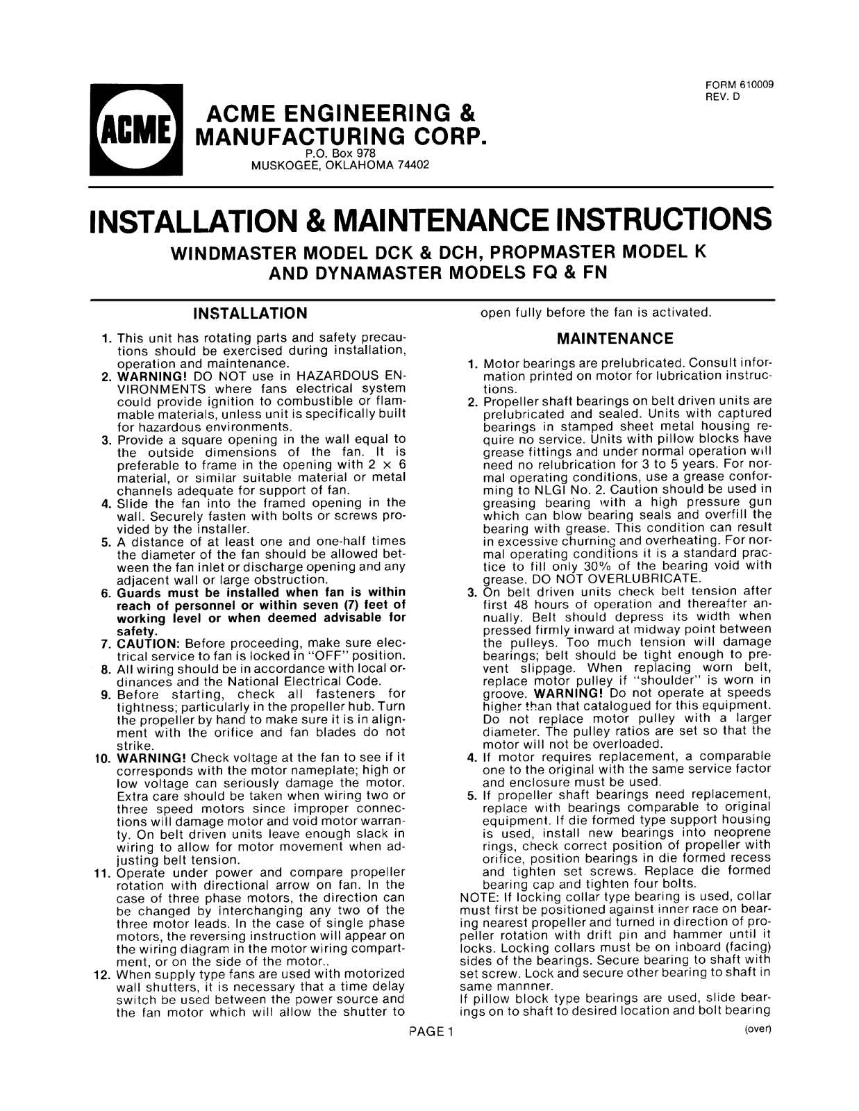 Acme Engineering DCK Service Manual