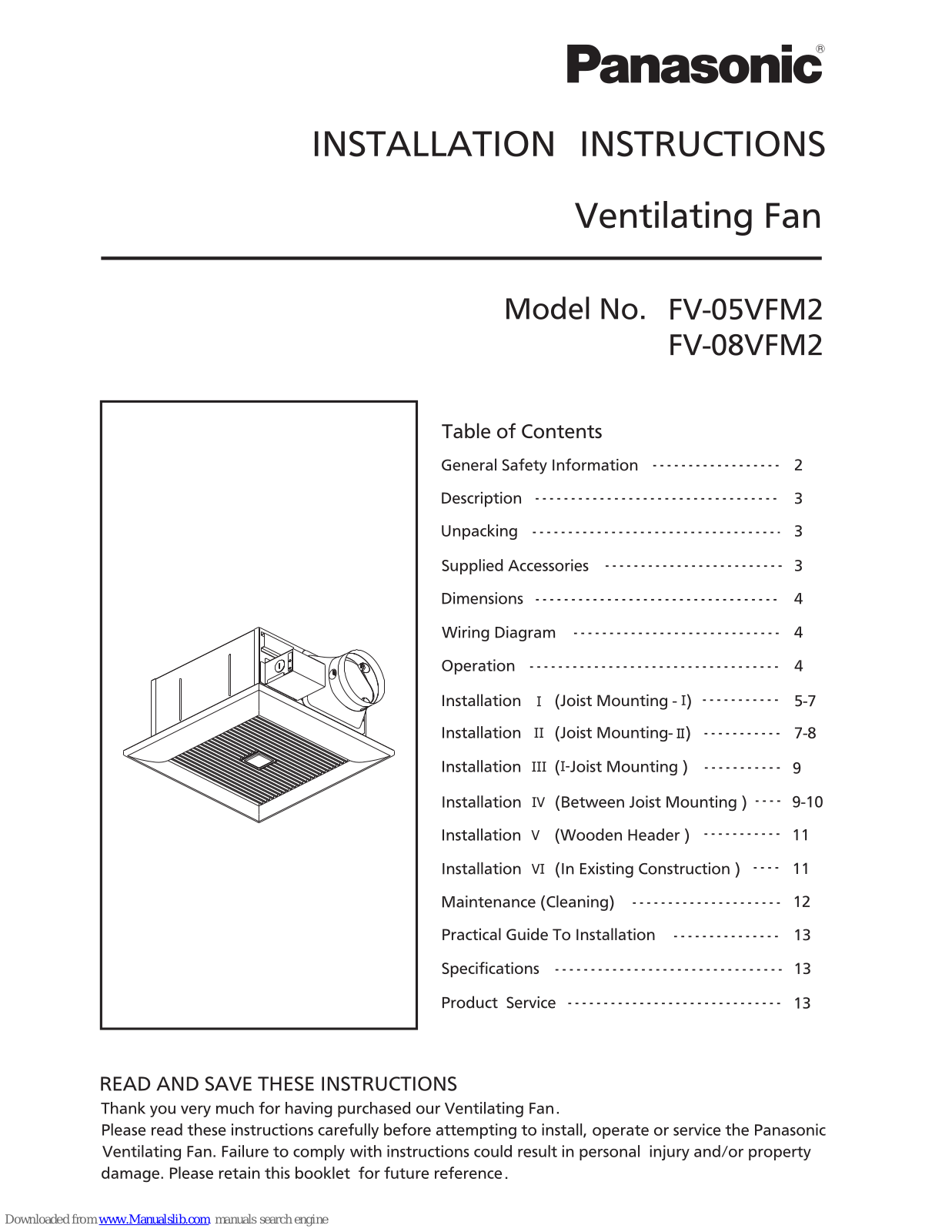 Panasonic FV-05FM2, FV-08FM2 Installation Instructions Manual