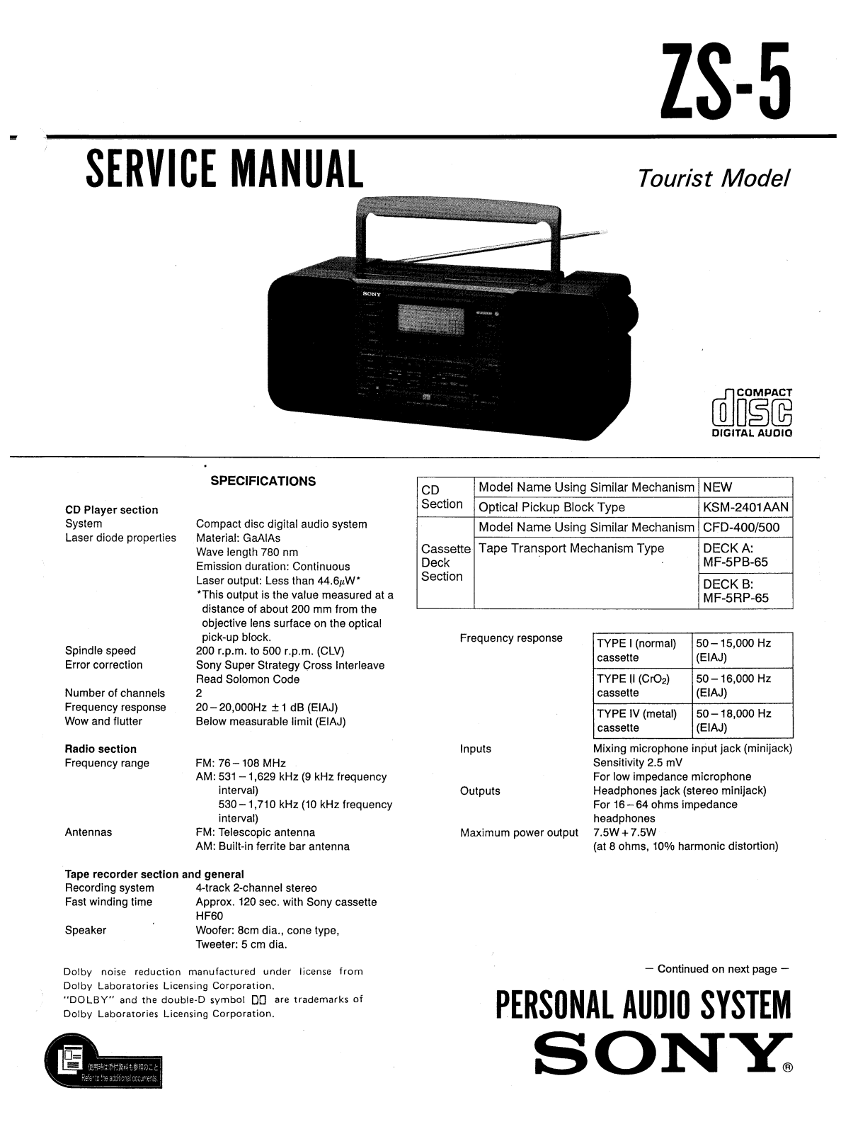 Sony ZS-5 Service manual