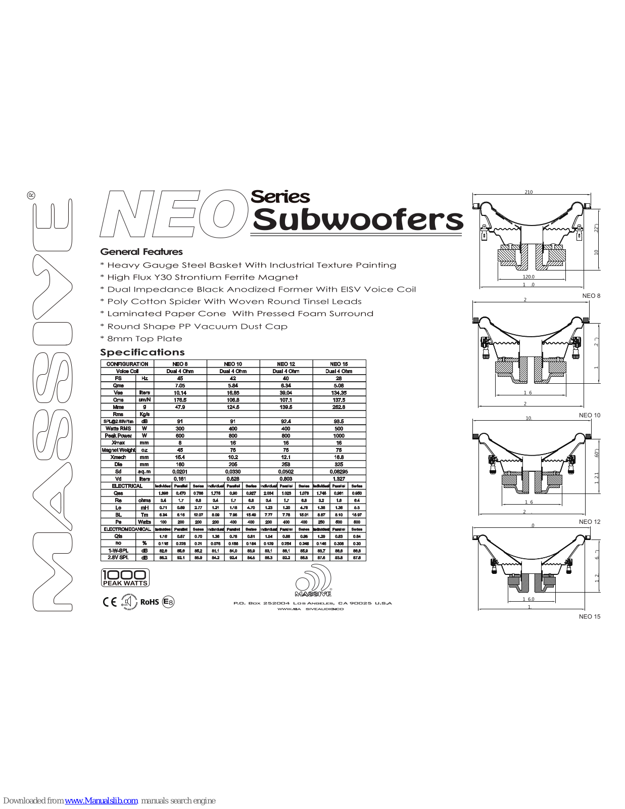 Massive Audio NEO 8, NEO 10, NEO 12, NEO 15 Specifications