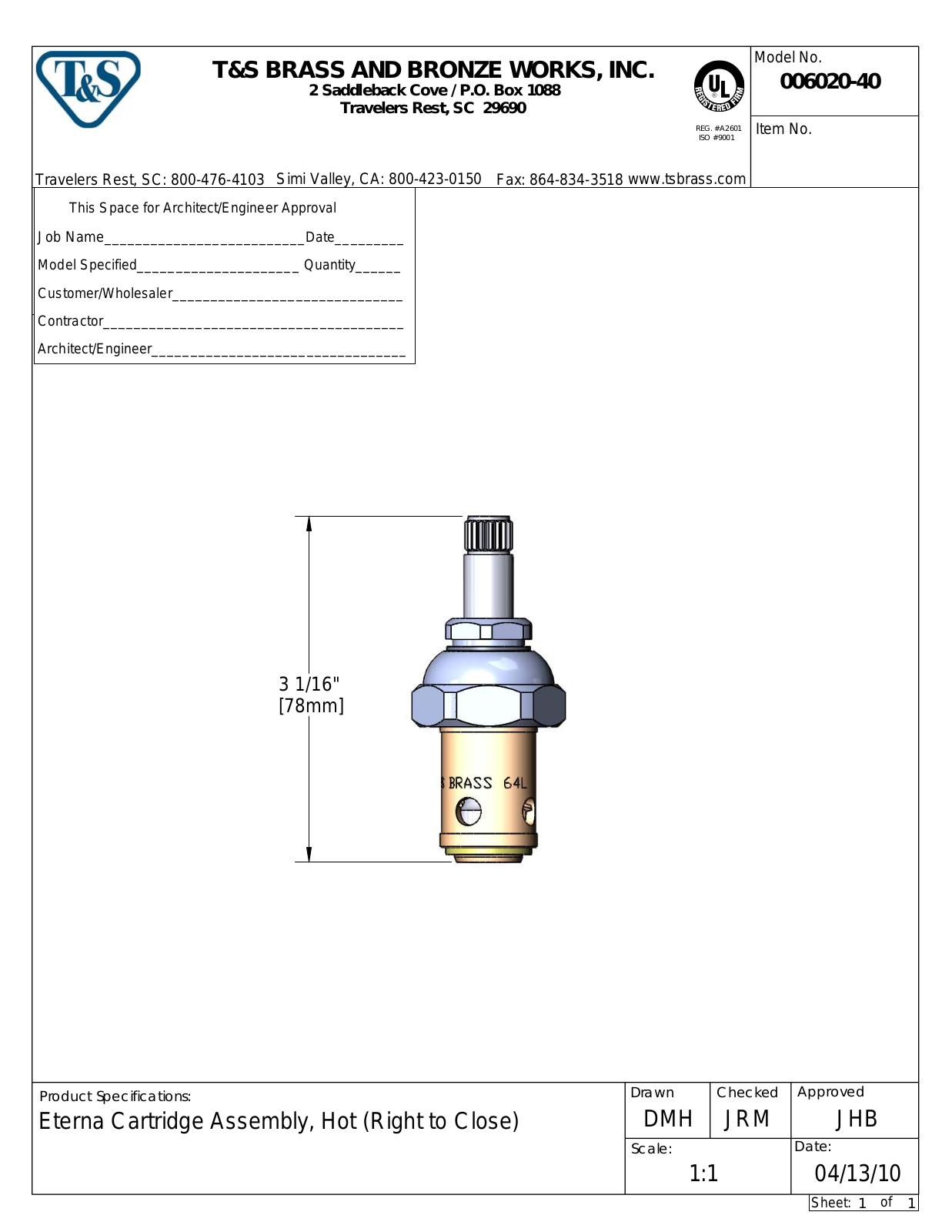 T&S Brass 006020-40 User Manual