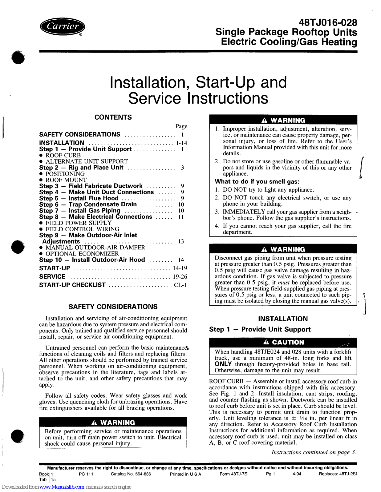 Carrier 48TJ016, 48TJ028 Installation, Start-up And Service Instructions Manual - ManualMachine.com