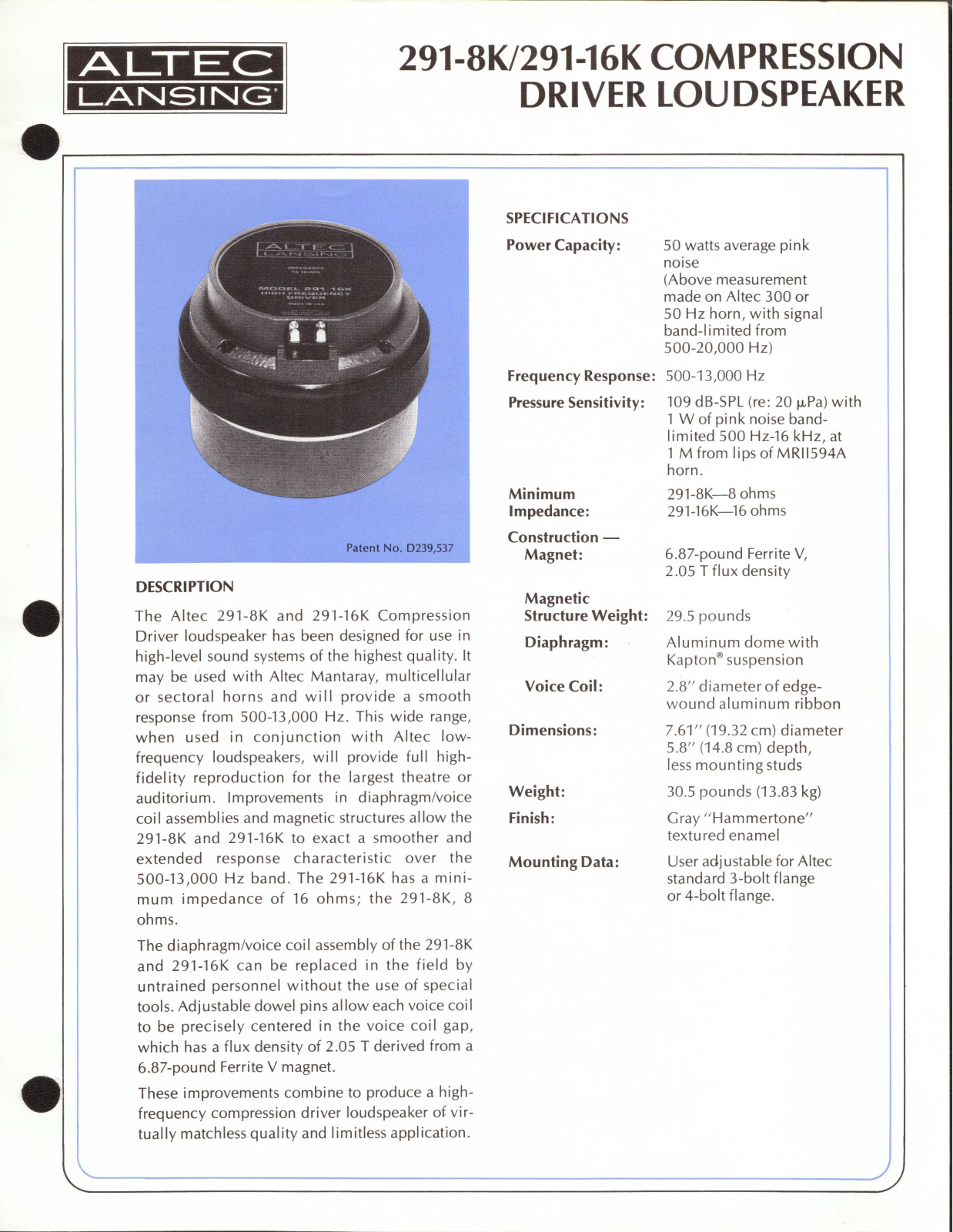 Altec lansing 291-16K HF, 291-8K HF User Manual