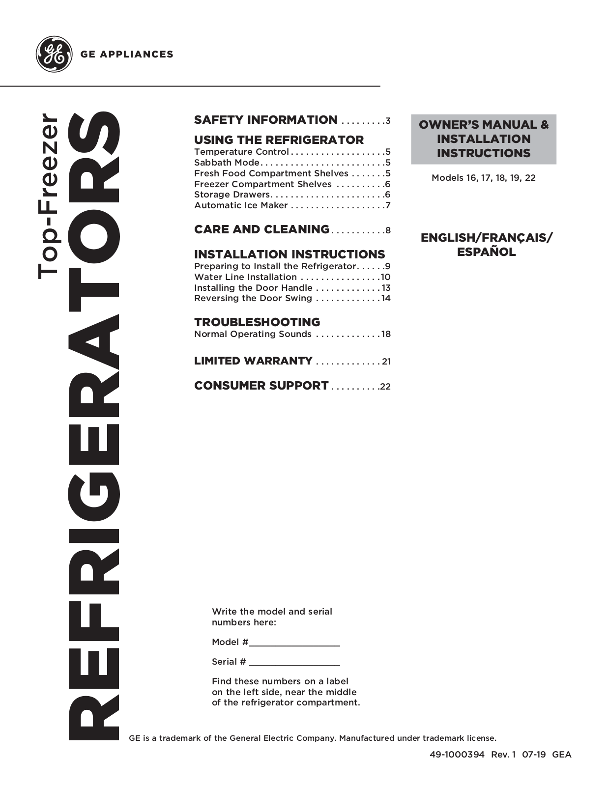 GE GTS18DTNRWW, GIE17GSNRSS, GIE18DTNRWW, GIE18GTNRWW, GTE16DTNRCC Installation Manual