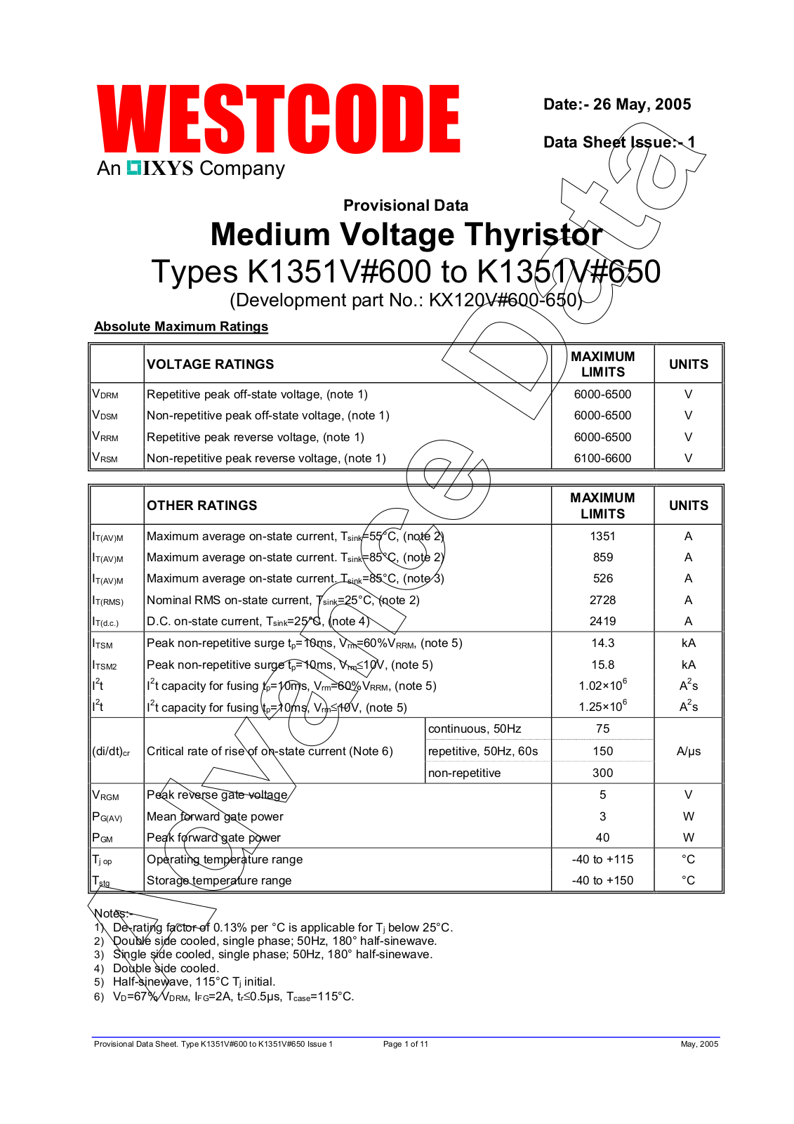 Westcode Semiconductors K1351V#600, K1351V#650 Data Sheet