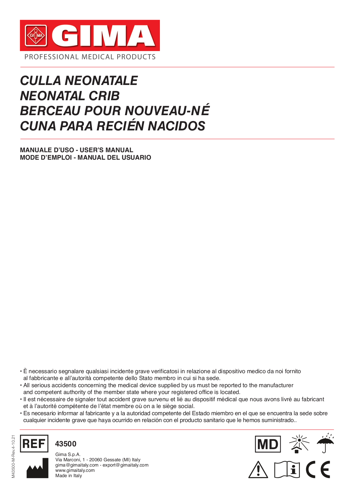 Gima NEONATAL CRADLE User guide