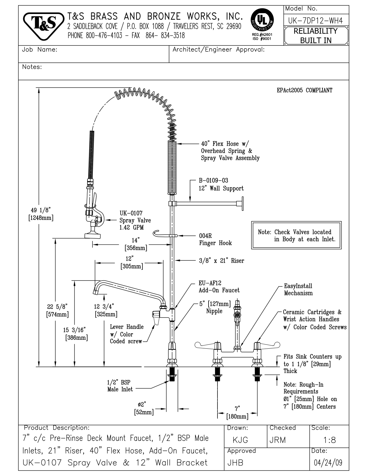 T&S Brass UK-7DP12-WH4 User Manual