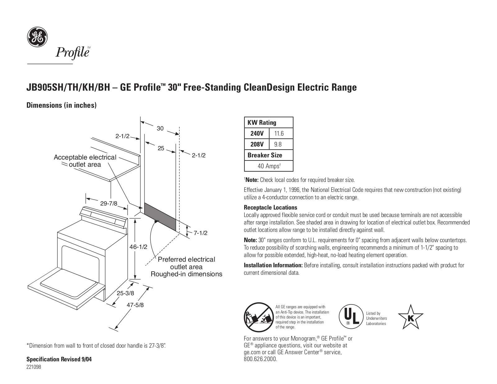 GE JB905SH, JB905TH, JB905KH, JB905BH Specification - ManualMachine.com