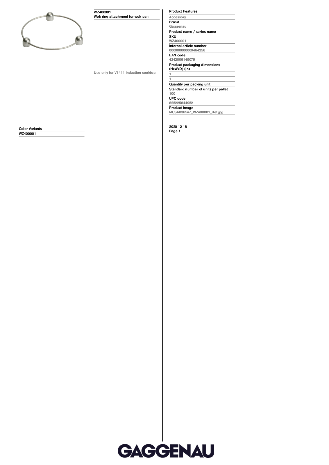 Gaggenau WZ400001 Specification Sheet