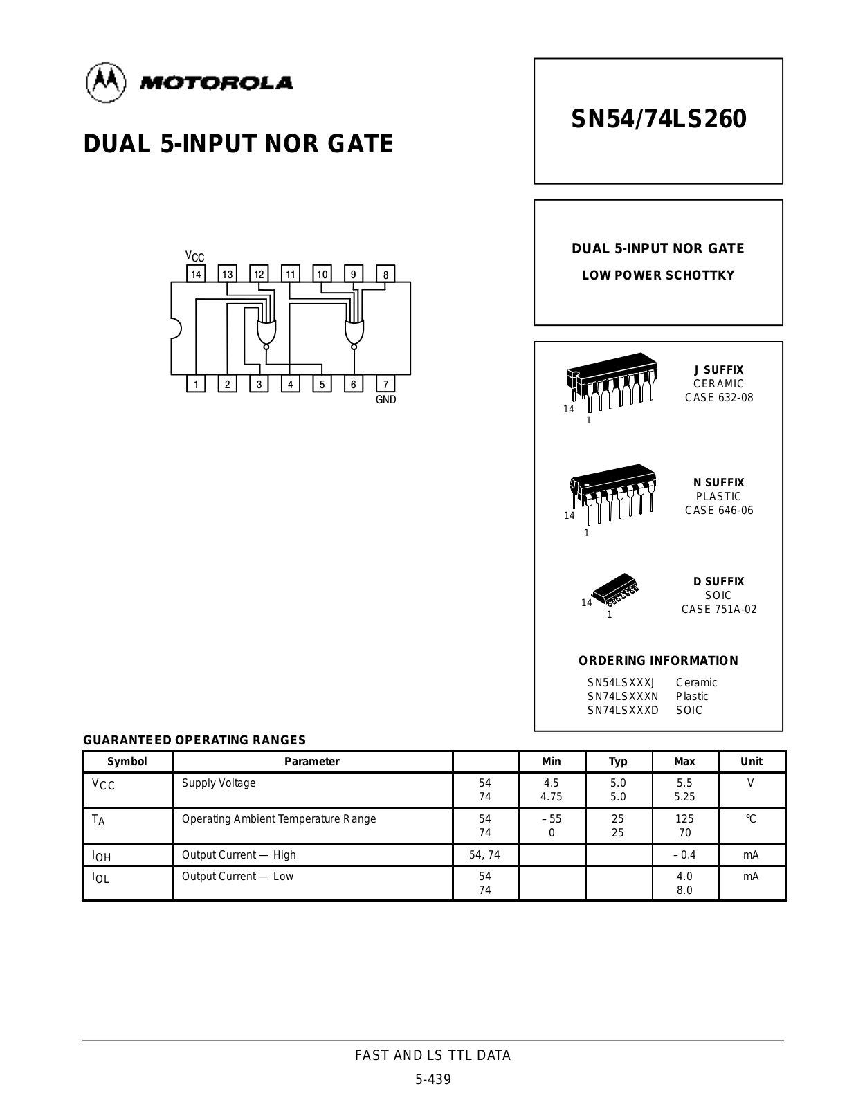 Motorola SN54LS260J, SN74LS260D, SN74LS260N Datasheet