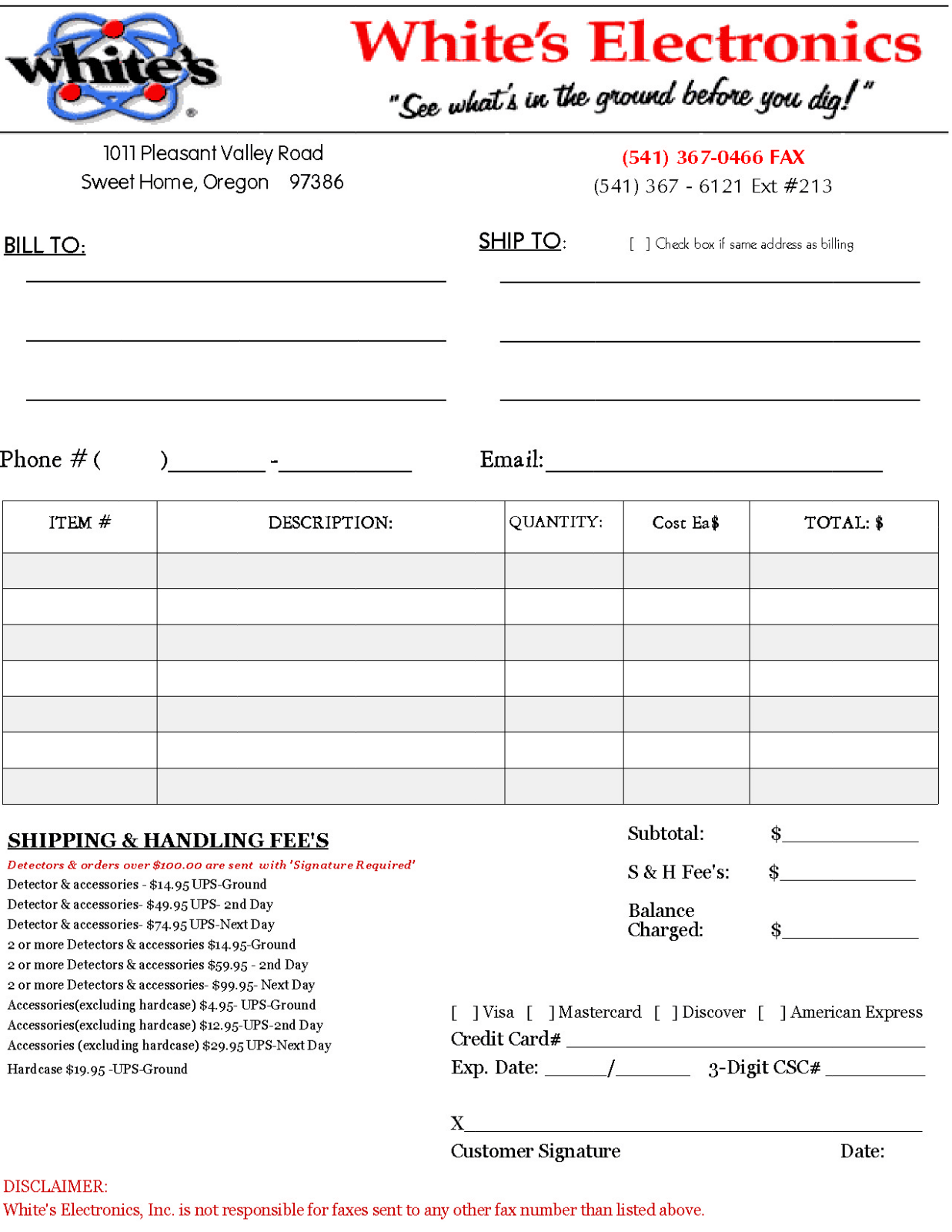 Whites Electronics ORDER FORM FAX SHEET User Manual