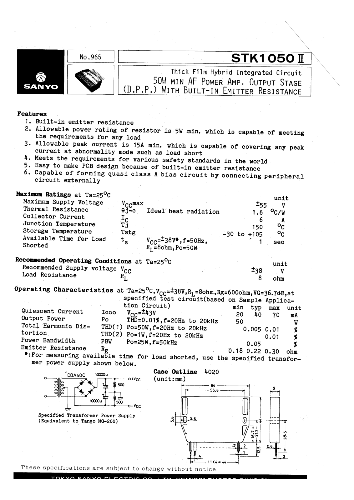 SANYO STK-1050II Datasheet