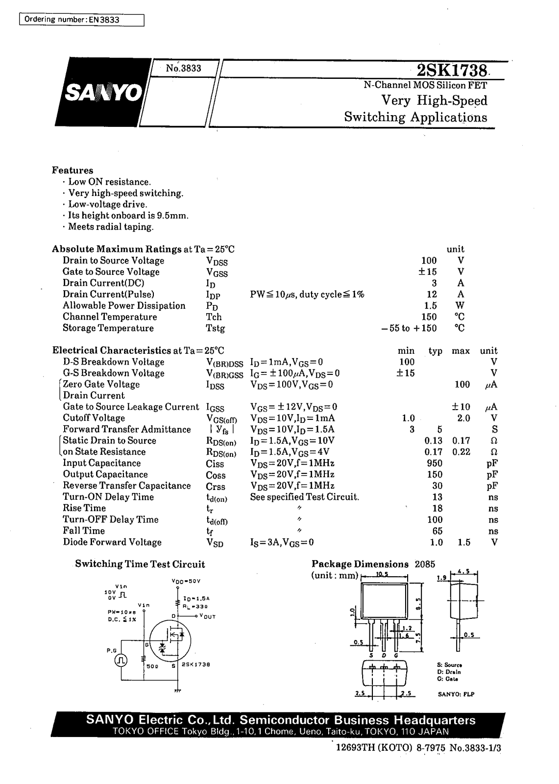 SANYO 2SK1738 Datasheet