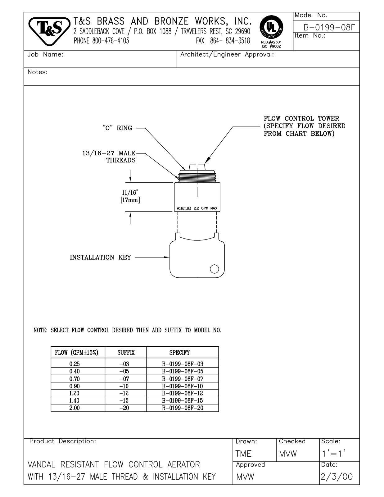 T & S Brass & Bronze Works B-0199-08F General Manual