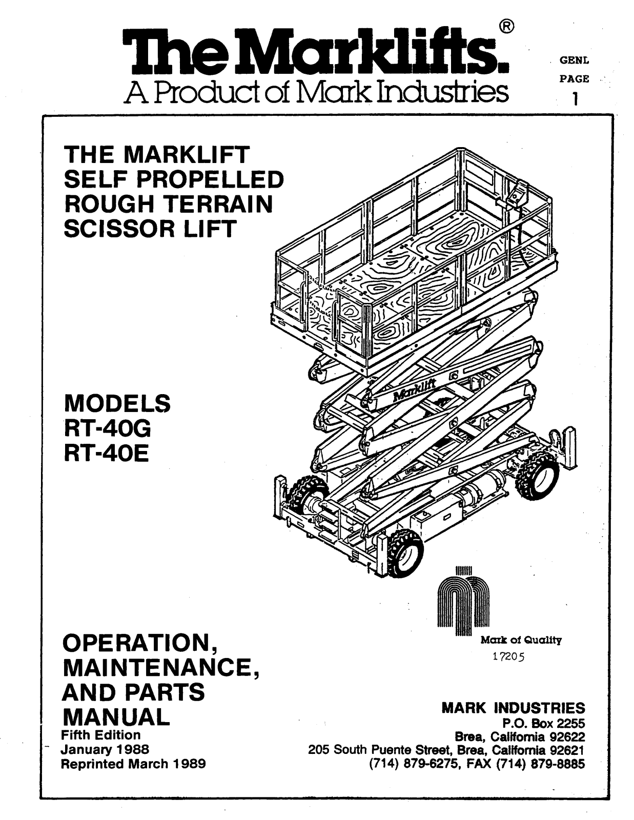 Marklifts RT-40G, RT-40E Operator's Manual - ManualMachine.com