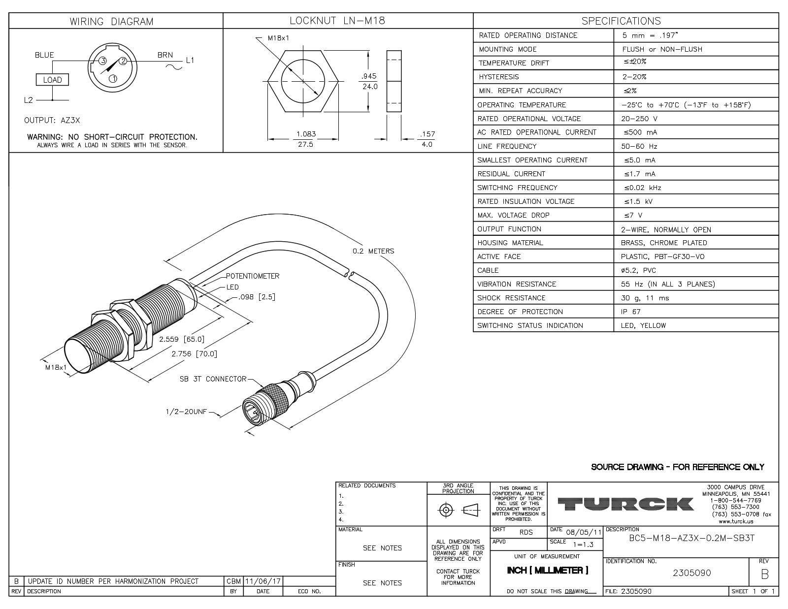 Turck BC5-M18-AZ3X-0.2-SB3T Data Sheet