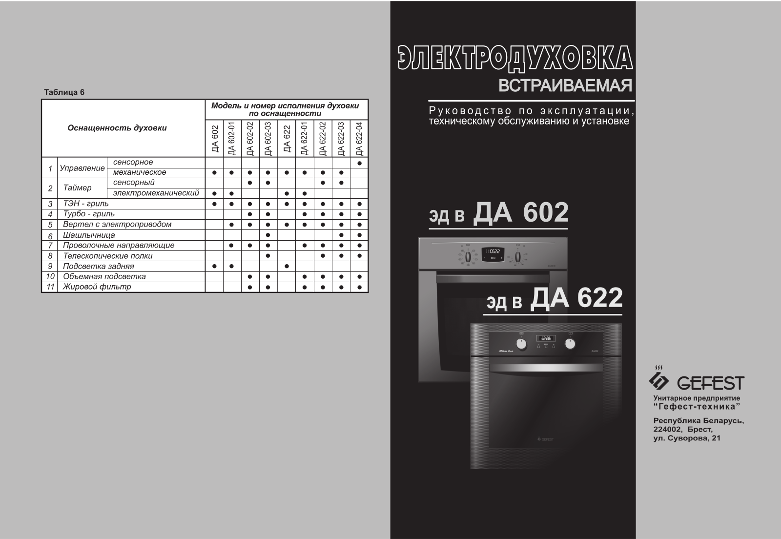 Gefest ДА 622-02 H3M, ДА 622-01, ДА 602-02, ДА 622-02 A, ДА 622-02 User manual