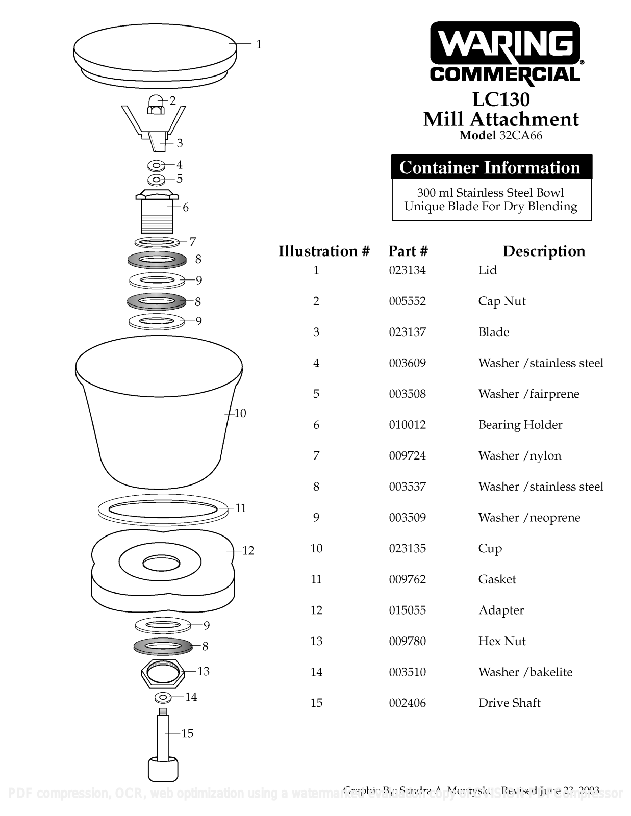 Waring LC130 Parts List