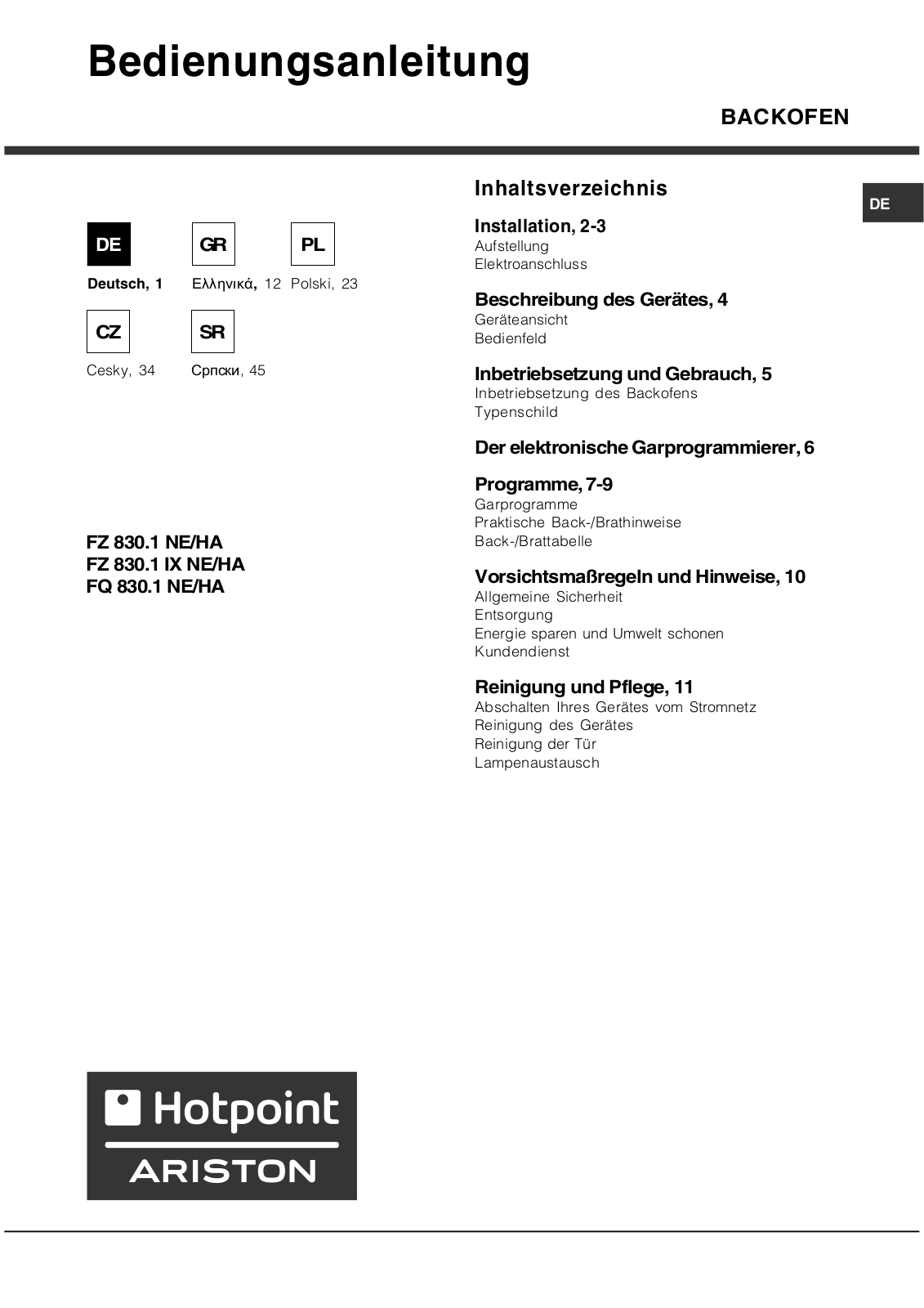 Hotpoint Ariston FZ 830.1 IX NE /HA, FQ 830.1 User Manual