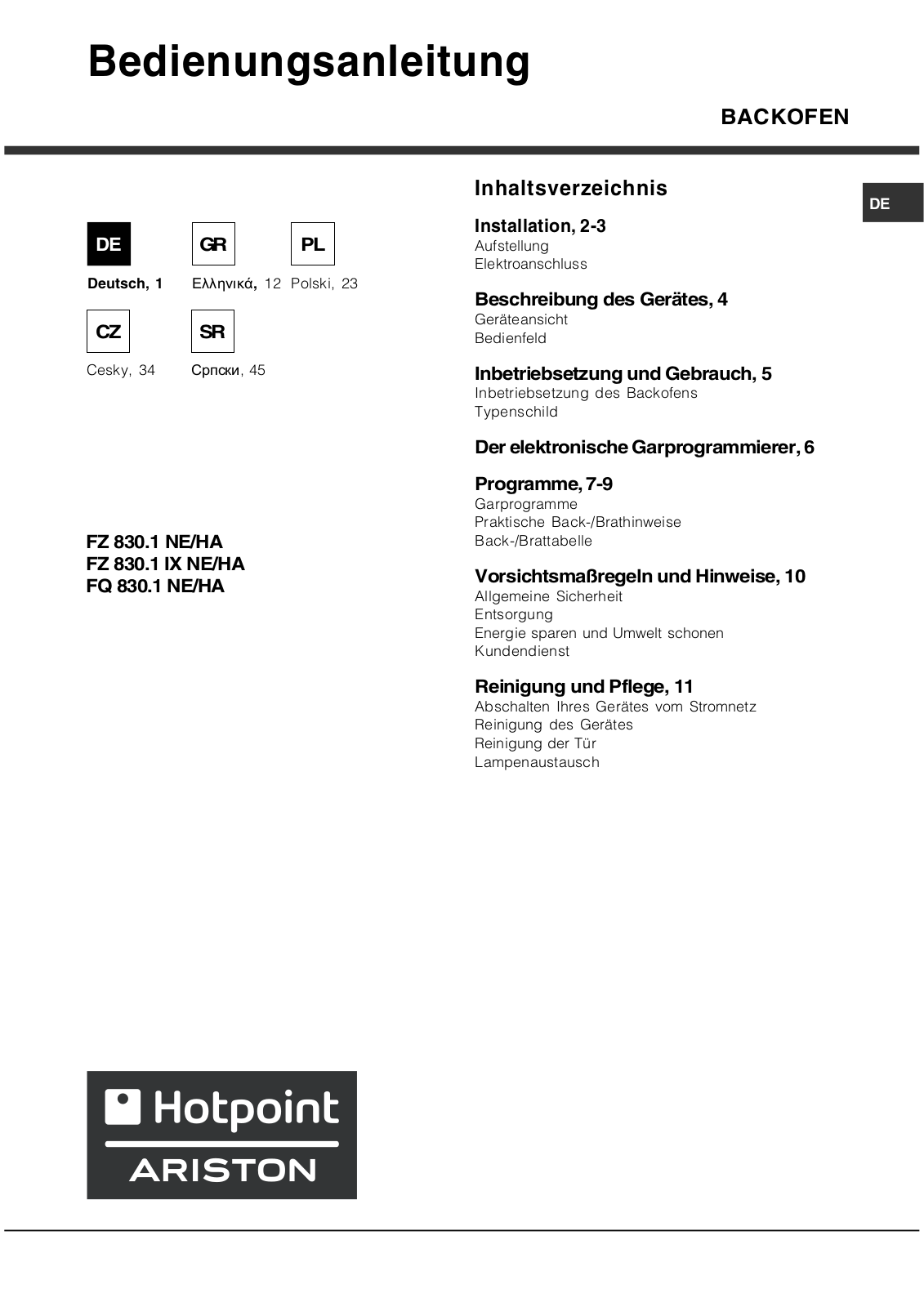 Hotpoint Ariston FZ 830.1 IX NE /HA, FQ 830.1 Manual
