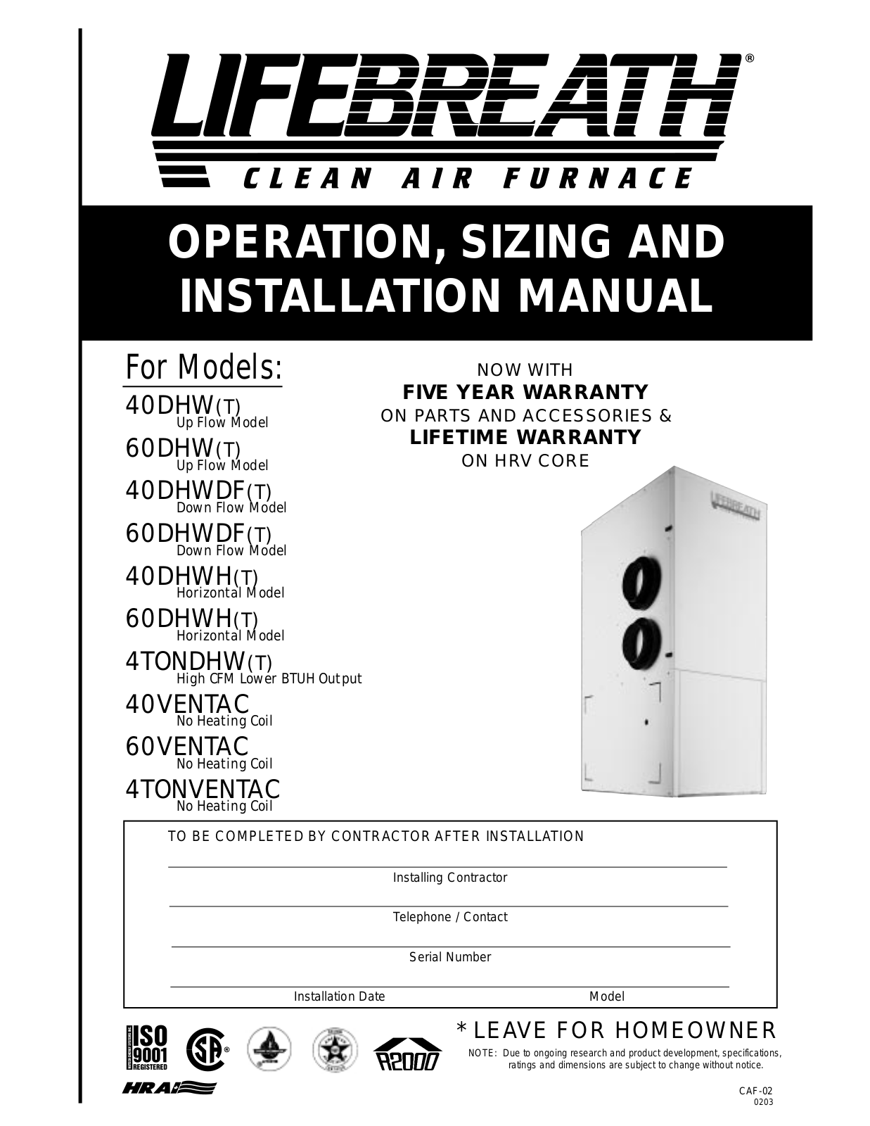 Lifebreath 4TONVENTAC, 60DHWHT, 4TONDHWT, 40VENTAC, 40DHWT User Manual