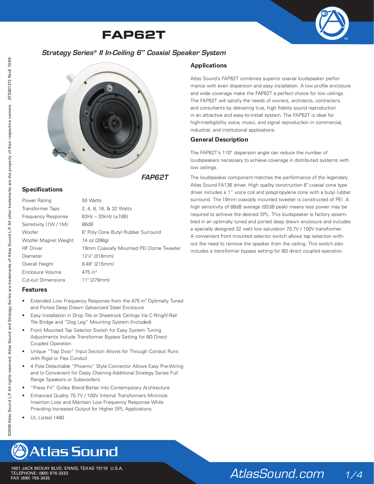 Atlas Sound FAP62T User Manual