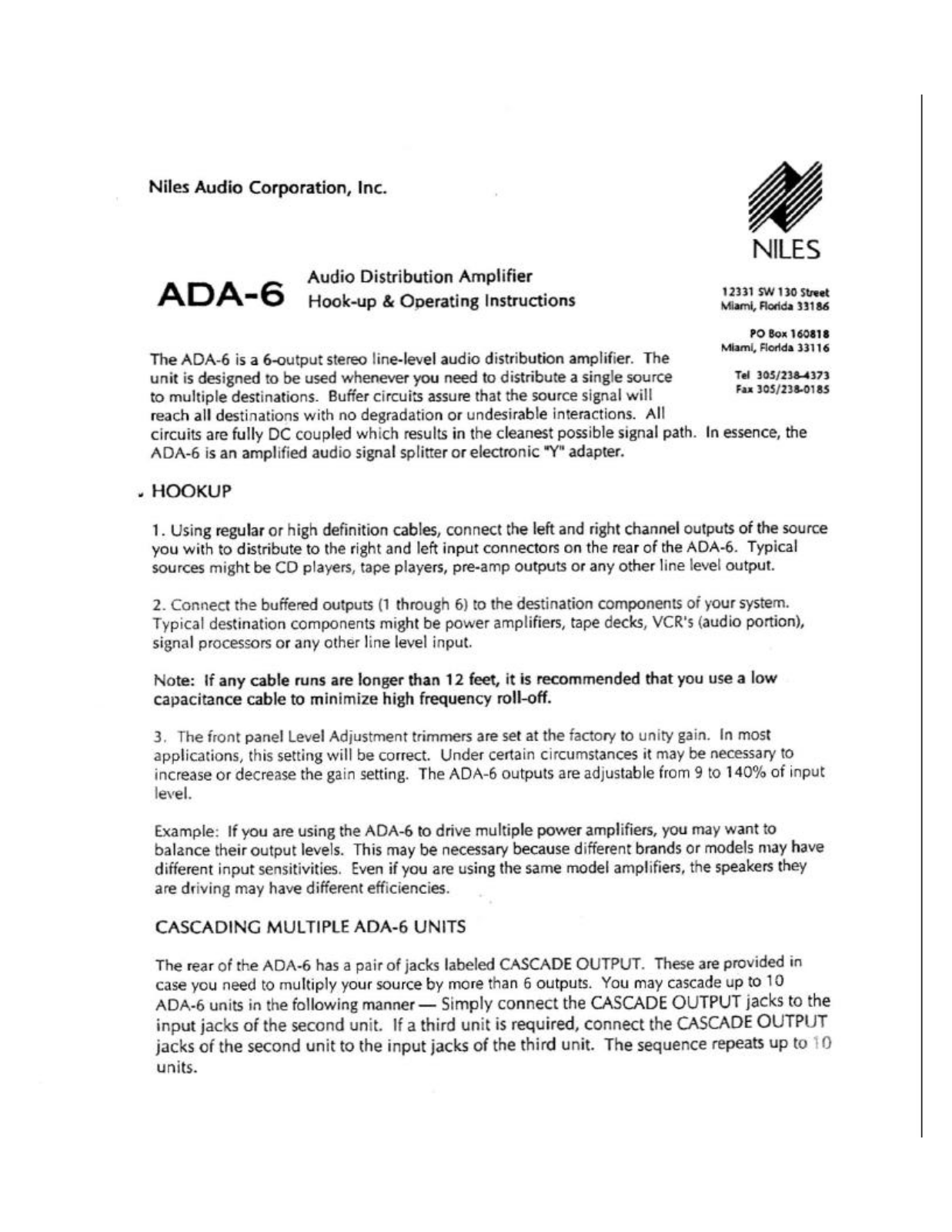 Niles ADA-6 specifications