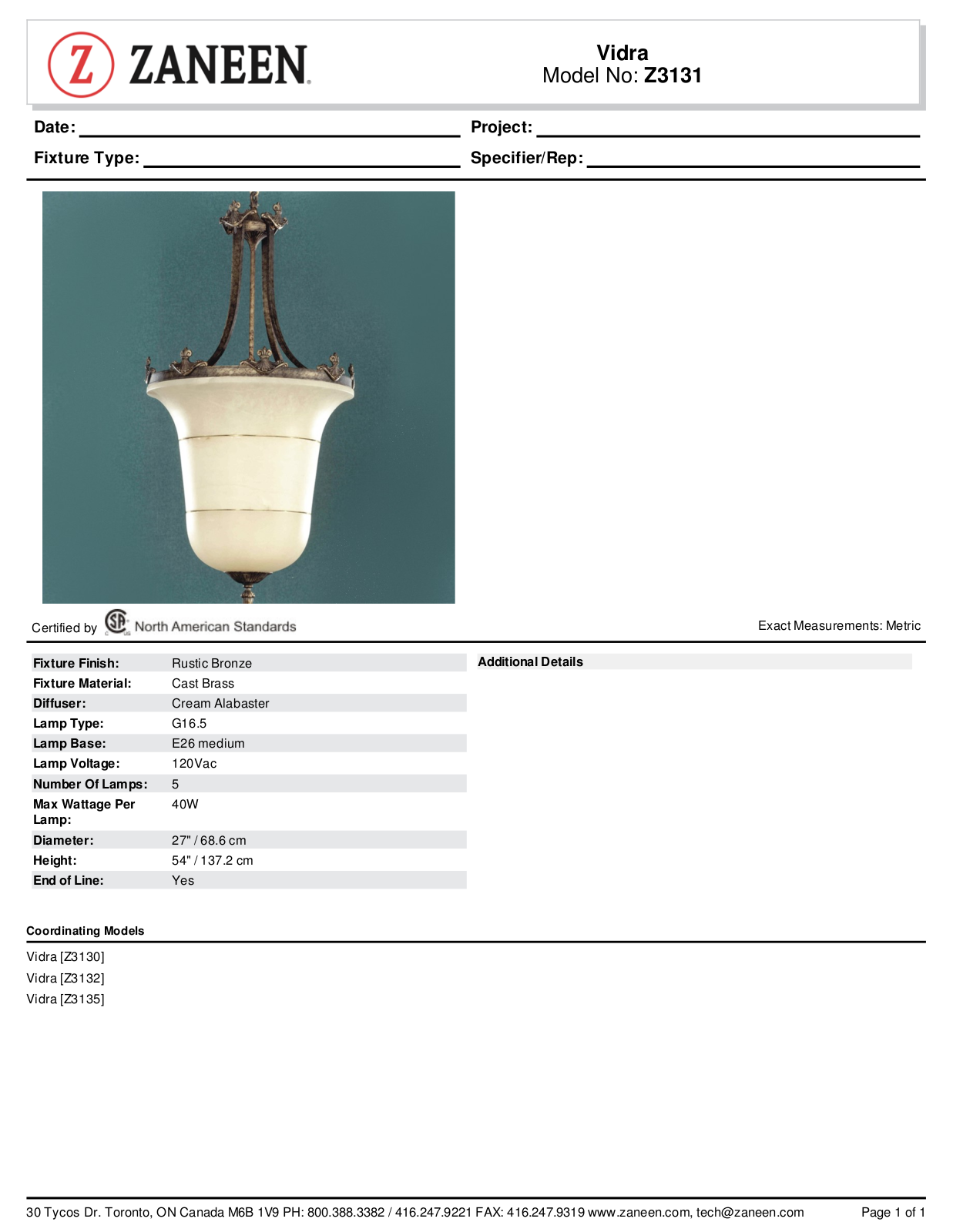 Zanin Lighting Inc. ZN1640 Specifications - ManualMachine.com