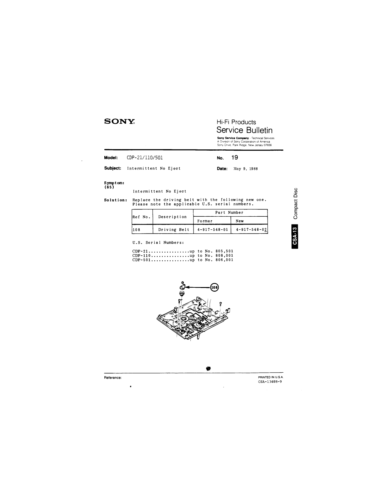 Sony CDP-21, CDP-110, CDP-501 Service Manual