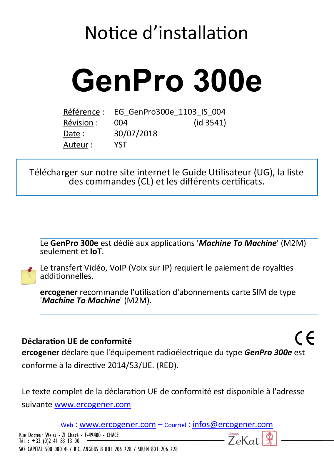 Ercogener GenPro 300e Instruction Sheet