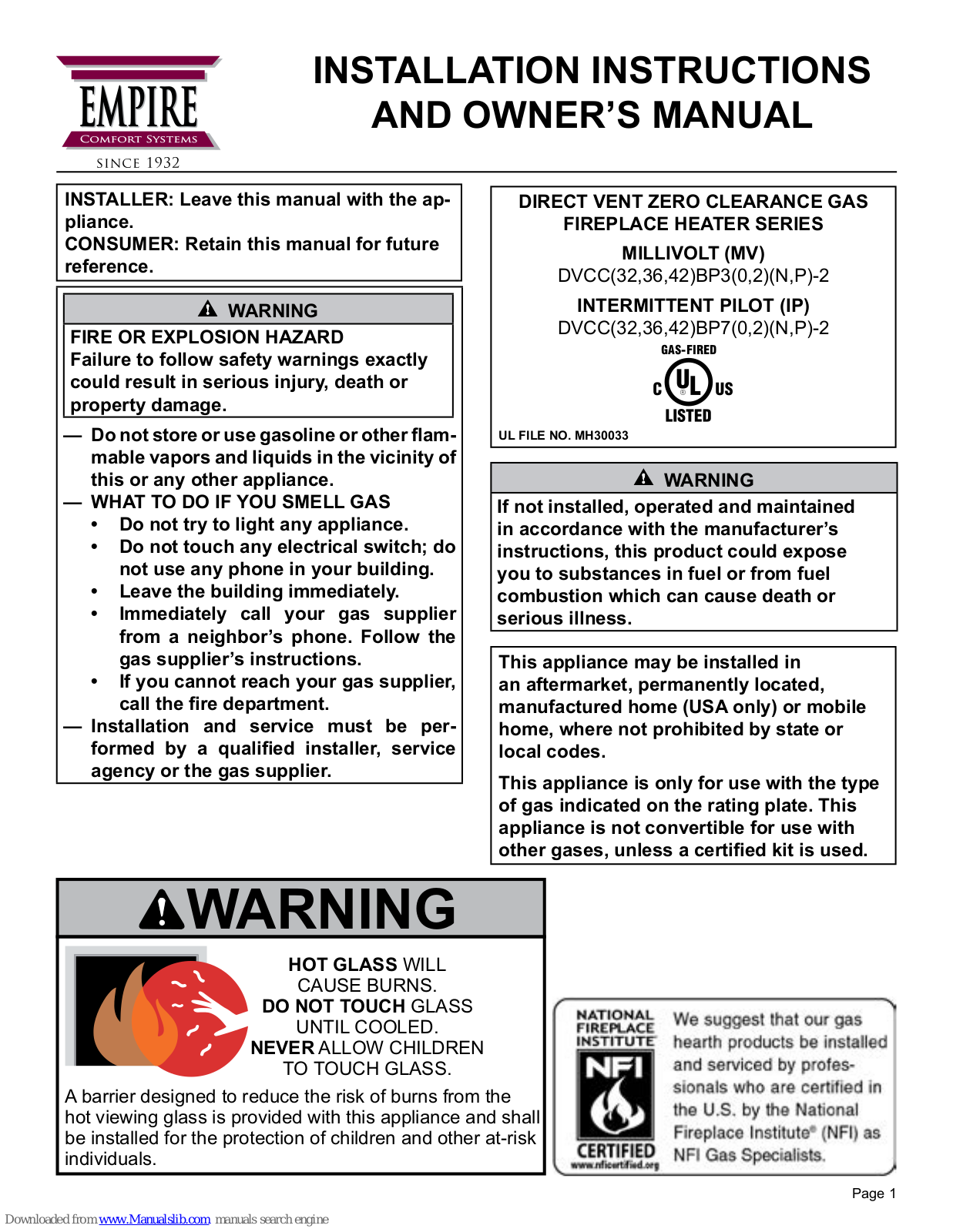 Empire Comfort Systems DVCC36BP32P-2, DVCC36BP30P-2, DVCC42BP30N-2, DVCC42BP30P-2, DVCC42BP32P-2 Installation Instructions And Owner's Manual