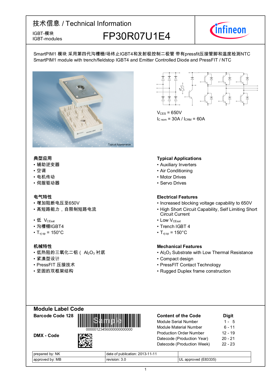 Infineon FP30R07U1E4 Data Sheet