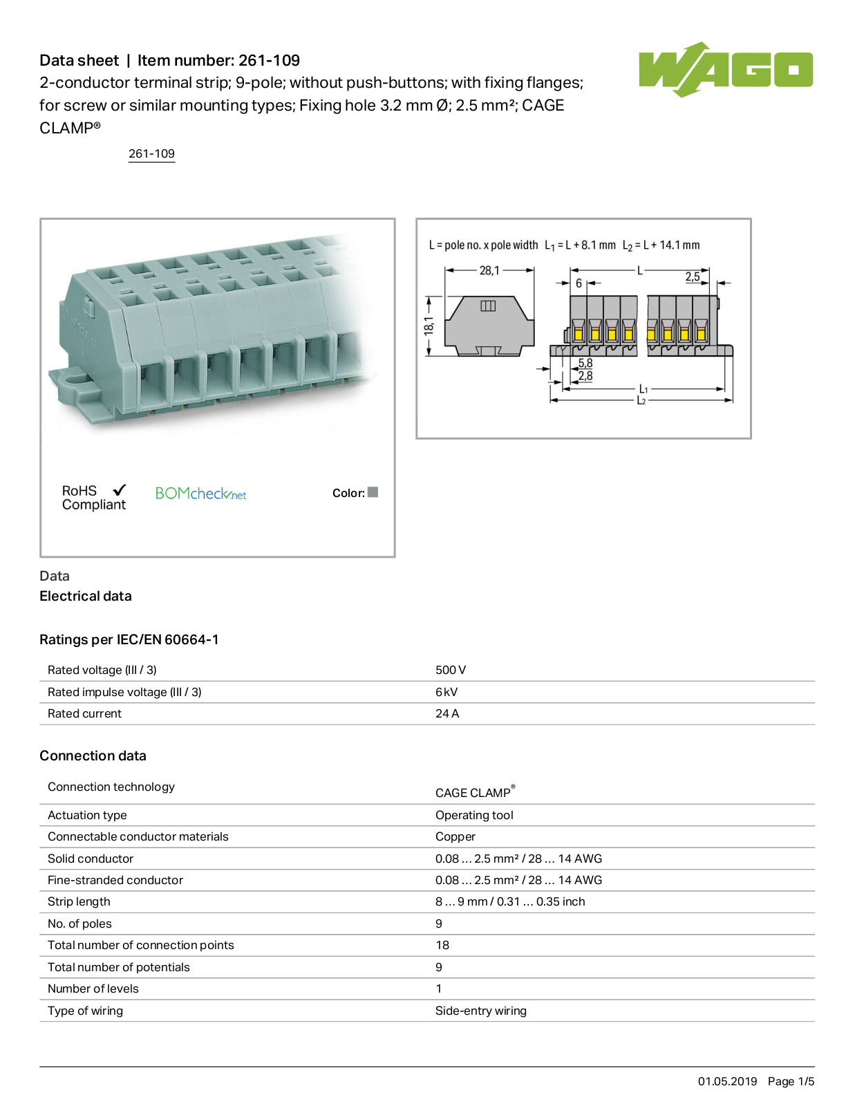 Wago 261-109 Data Sheet
