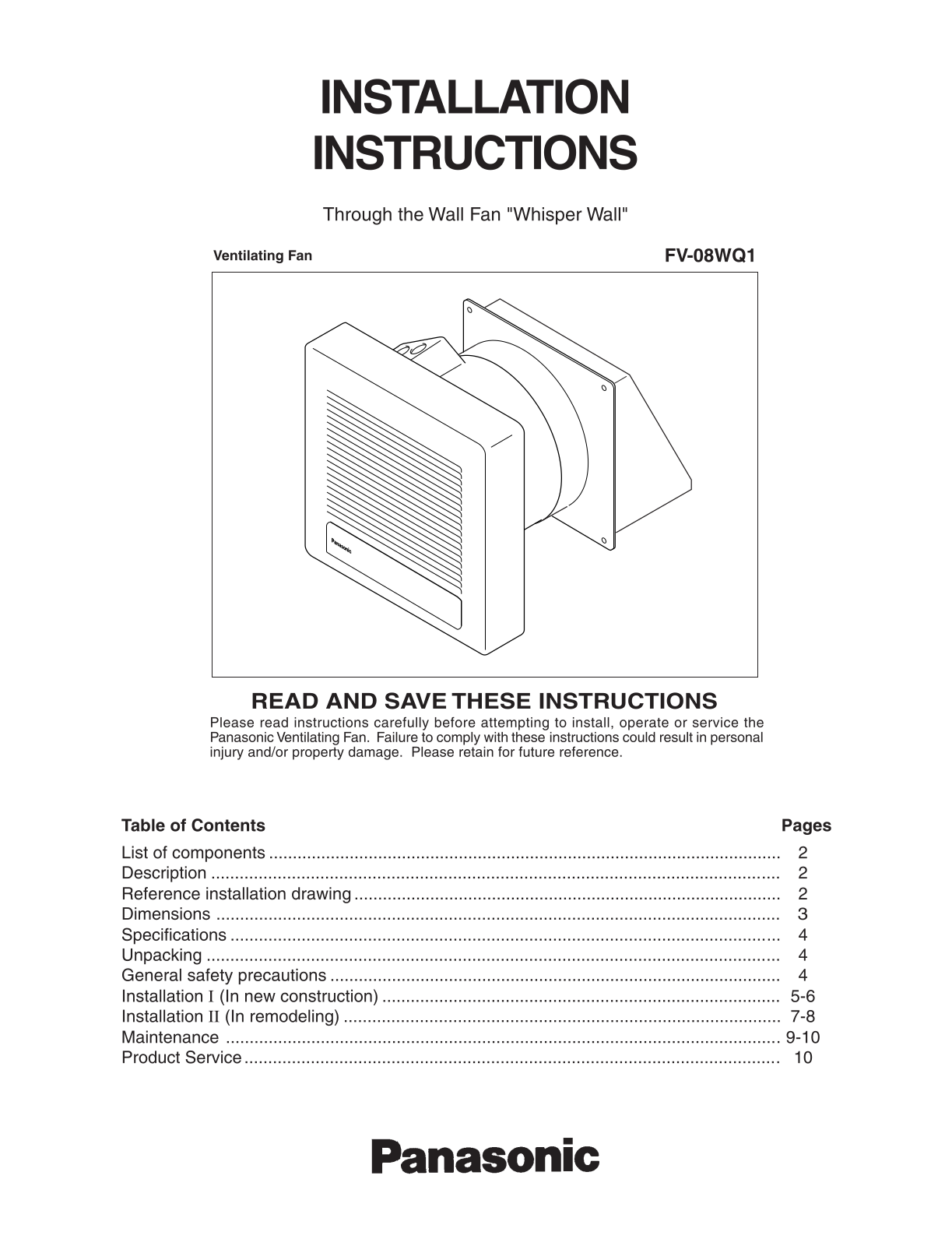 Panasonic fv-08wq1, FV-08WQ1F Installation