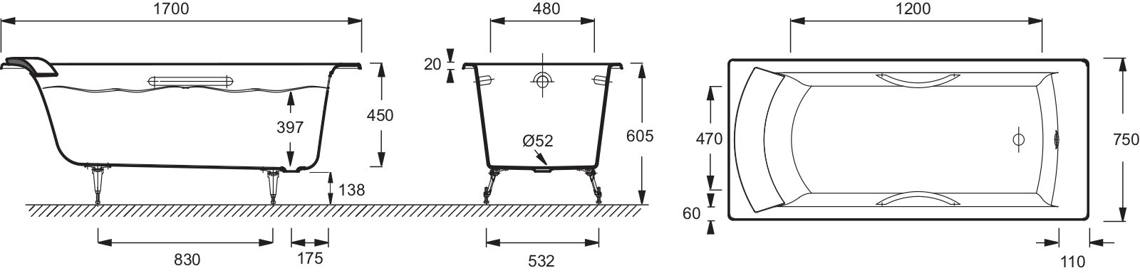 Jacob Delafon BIOVE E2938-00 Dimensions