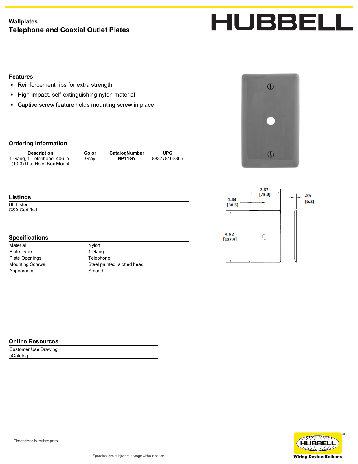 Hubbell NP11GY Specifications