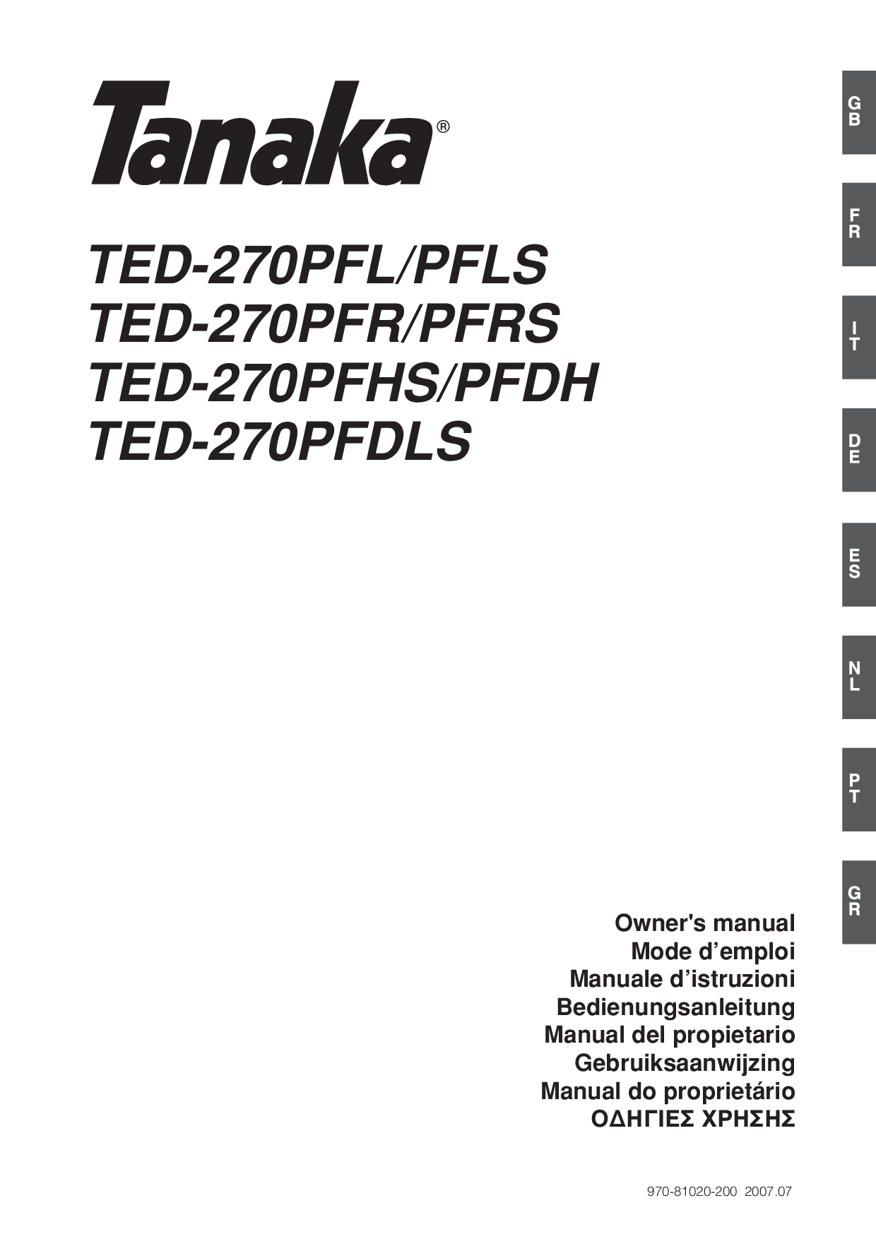 Tanaka TED-270PFL, TED-270PFDLS, TED-270PFR, TED-270PFLS, TED-270PFRS User Manual