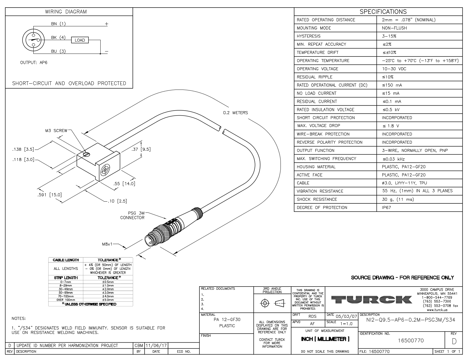 Turck NI2-Q9.5-AP6-0.2-PSG3MS34 Data Sheet