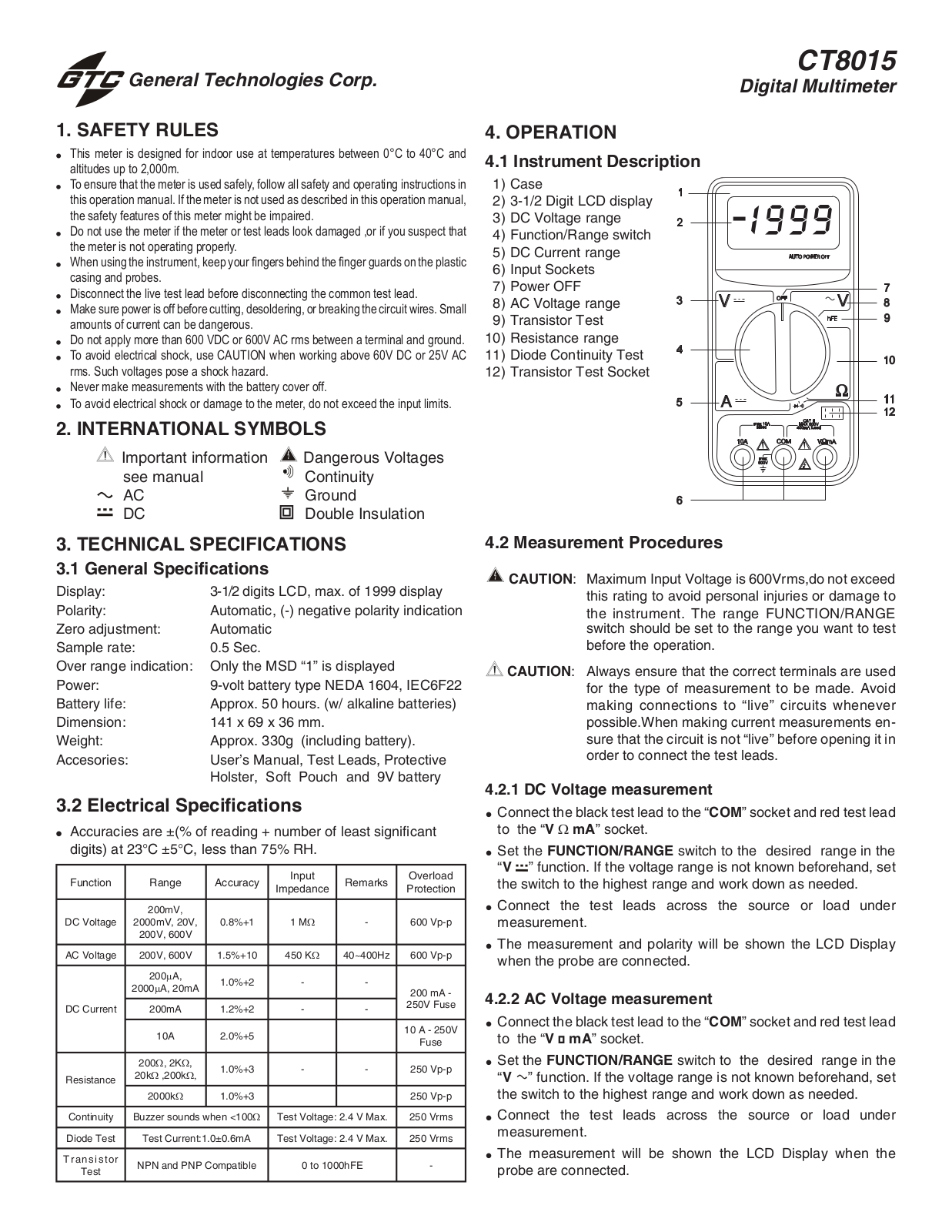 General Technologies CT8015 User Manual