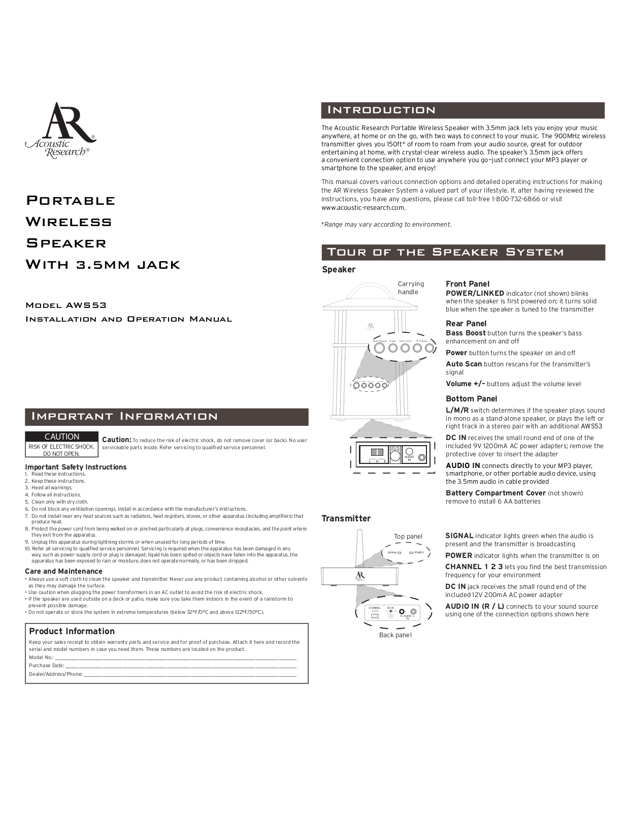 Acoustic Research AW553 User Manual