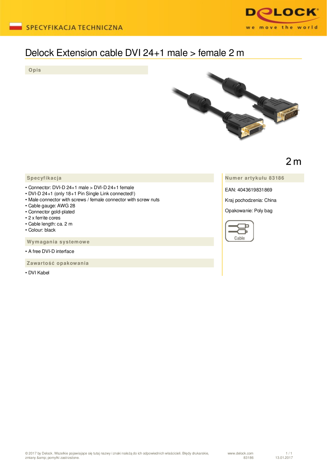 DeLOCK DVI 24+1 extension cable 2m black User Manual