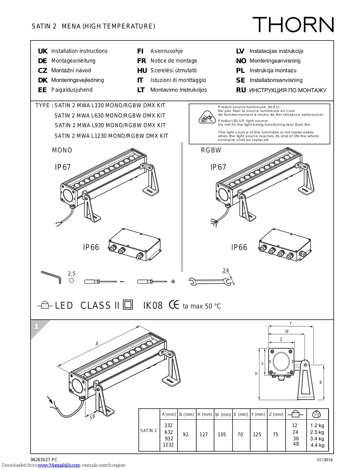 Thorn SATIN 2 MWA L330, SATIN 2 MWA L630, SATIN 2 MWA L1230, SATIN 2 MWA L930 Installation Instructions Manual